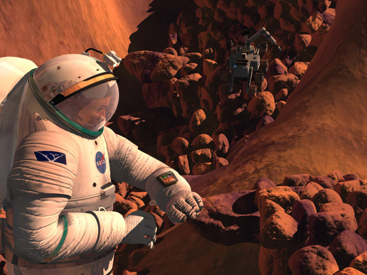 Artist's concept of astronaut gathering samples on Mars