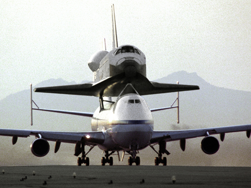 Endeavour sits atop a Shuttle Carrier Aircraft