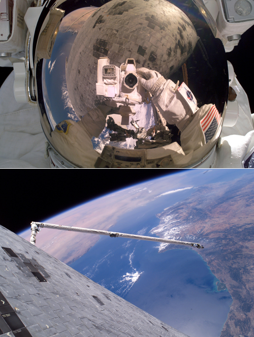 Top image: Astronaut Steve Robinson. Bottom image: Underside of Space Shuttle Discovery.