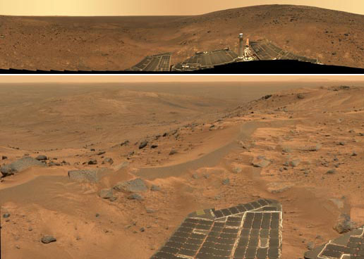 Top Image: Panorama acquired on July 6-13, 2005, from a near the summit of Husband Hill. Bottom Image: Panorama taken on August 23, 2005, after the rover completed its climb up Husband Hill.