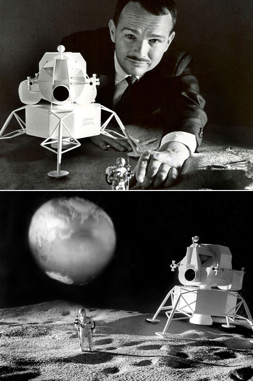 Top image: Dr. Eugene Shoemaker with a model of a Lunar Module spacecraft. Bottom image: Mock-up of the lunar landing.