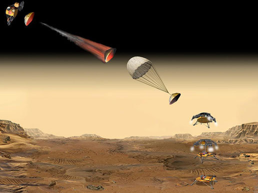 Artist's concept of the Mars Sample Return's lander, showing the entry, descent and landing sequence.
