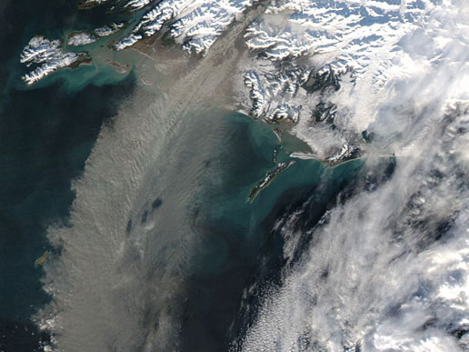 Massive dust storm of glacial sediments swept off the coast of Alaska.