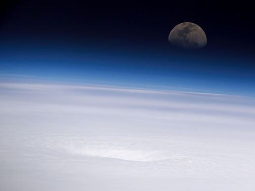 Panoramic view of the eye of Hurricane Emily, looking eastward toward the rising moon.