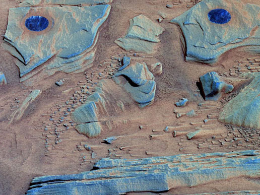 False-color image of the surfaces of rock targets informally named 