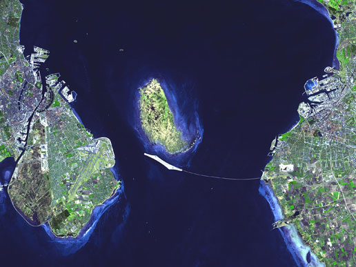 The 16-kilometer-long Oresund Link between Malmo, Sweden (right), and Copenhagen, Denmark (left).