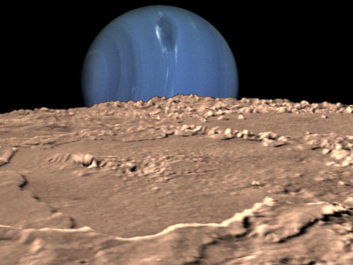 Composite illustration of the planet Neptune as seen from its moon Triton