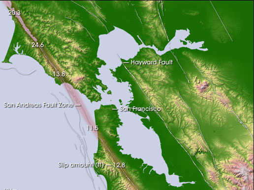 Topography of the San Francisco area, showing the San Andreas and Hayward Faults