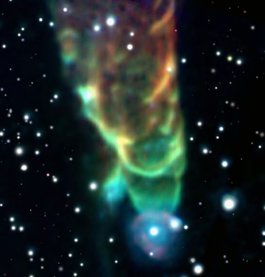 Herbig-Haro 49/50, a powerful jet located in the Chamaeleon I molecular cloud, is about 450 light-years distant.