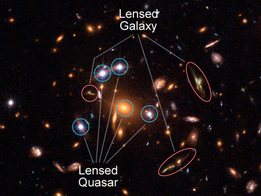 The Hubble Space Telescope captured this picture of a multiple-image effect that is produced by a process called gravitational lensing.