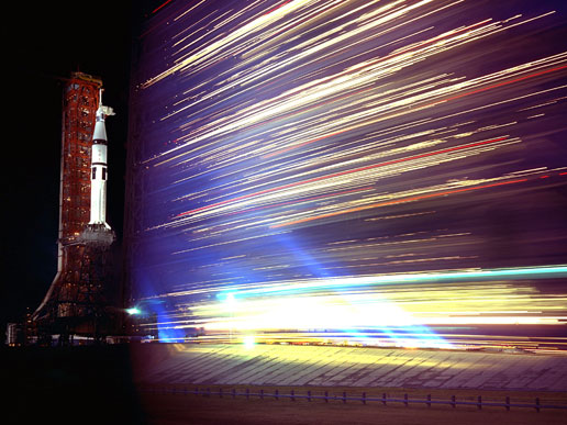 Time exposure photograph of Skylab 4 being moved into position at the launch pad.