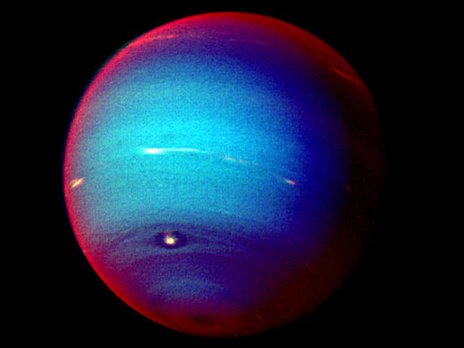 A false-color photograph of Neptune, made from Voyager 2 images taken in January 1996