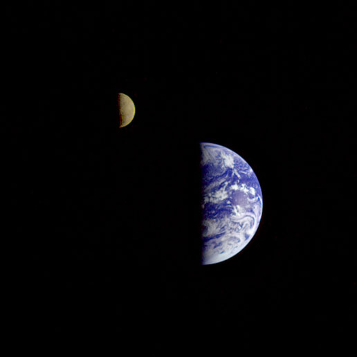 This image of the Earth and moon in a single frame, the first of its kind ever taken by a spacecraft, was recorded Sept. 18, 1977, by Voyager 1.