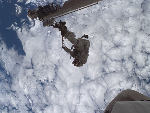 STS-121 mission specialist Piers J. Sellers participates in the mission's first session of extravehicular activity.