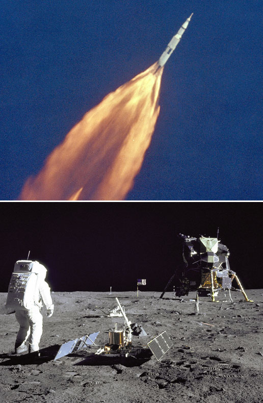 Top image: Apollo 11 launch. Bottom image: Astronaut Buzz Aldrin deployed the Early Apollo Scientific Experiments Package (EASEP). In the far right background is the Lunar Module 
