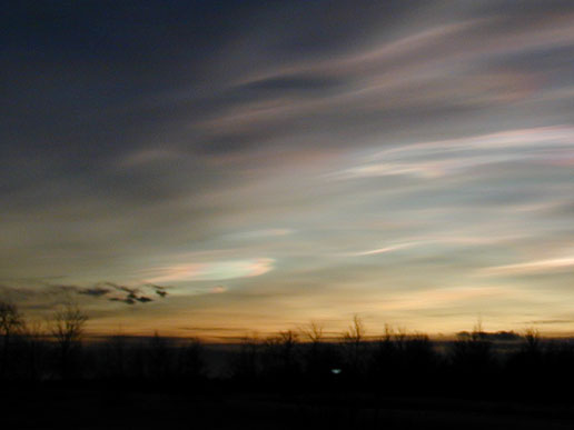 Polar stratospheric clouds lit from below near Kiruna, Sweden.